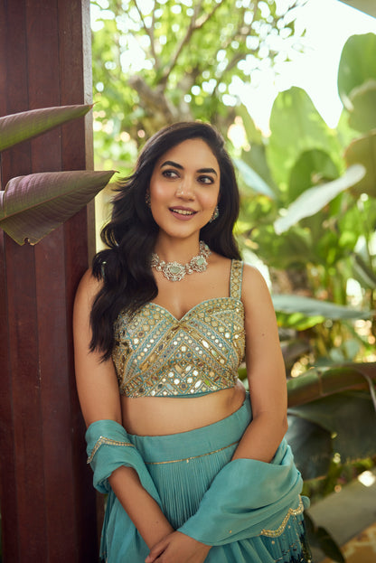 Ice-Blue Palenquin Bride Theme Kalamkari Lehenga Set