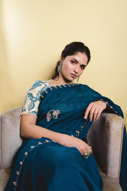 Peacock Blue Embroidered Saree With Kalamkari Blouse