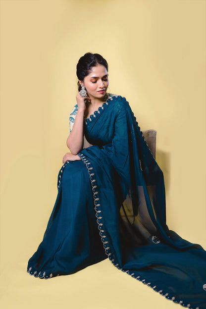 Peacock Blue Embroidered Saree With Kalamkari Blouse