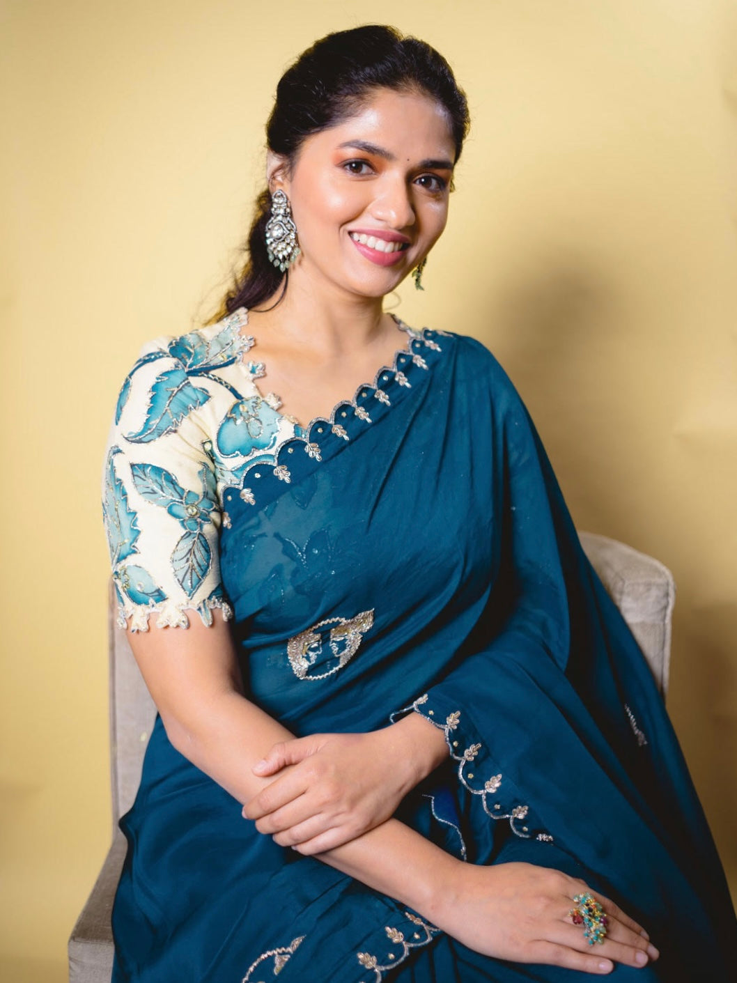 Peacock Blue Embroidered Saree With Kalamkari Blouse