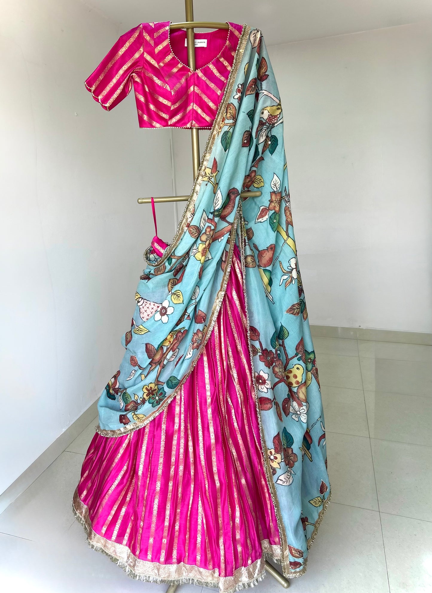Hotpink Lehenga Set With Birds Outside Cages Kalamkari Dupatta