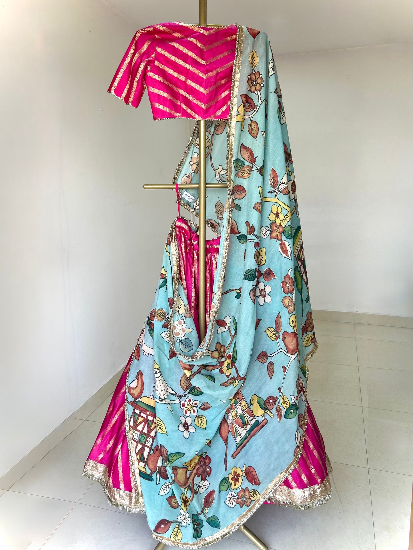 Hotpink Lehenga Set With Birds Outside Cages Kalamkari Dupatta