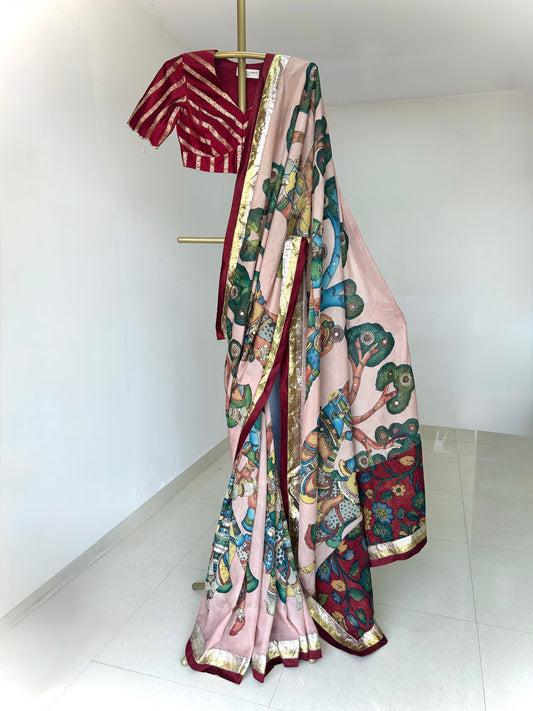 Sandrose-Pink Natyam Kalamkari Saree Set