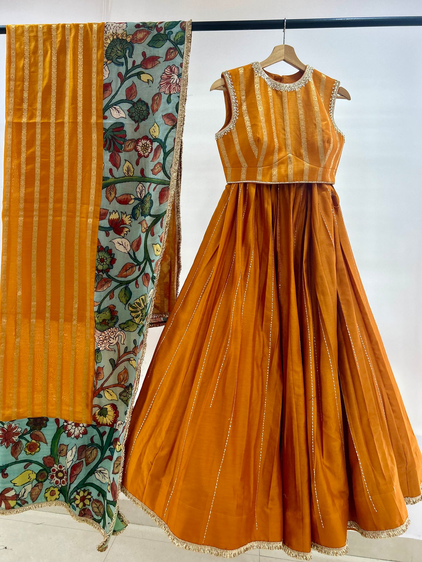 Mustard Yellow Lehenga Set With Kalamkari Detailing.