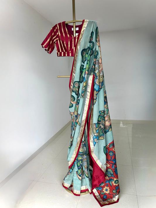 Ice-Blue Natyam Kalamkari Saree Set