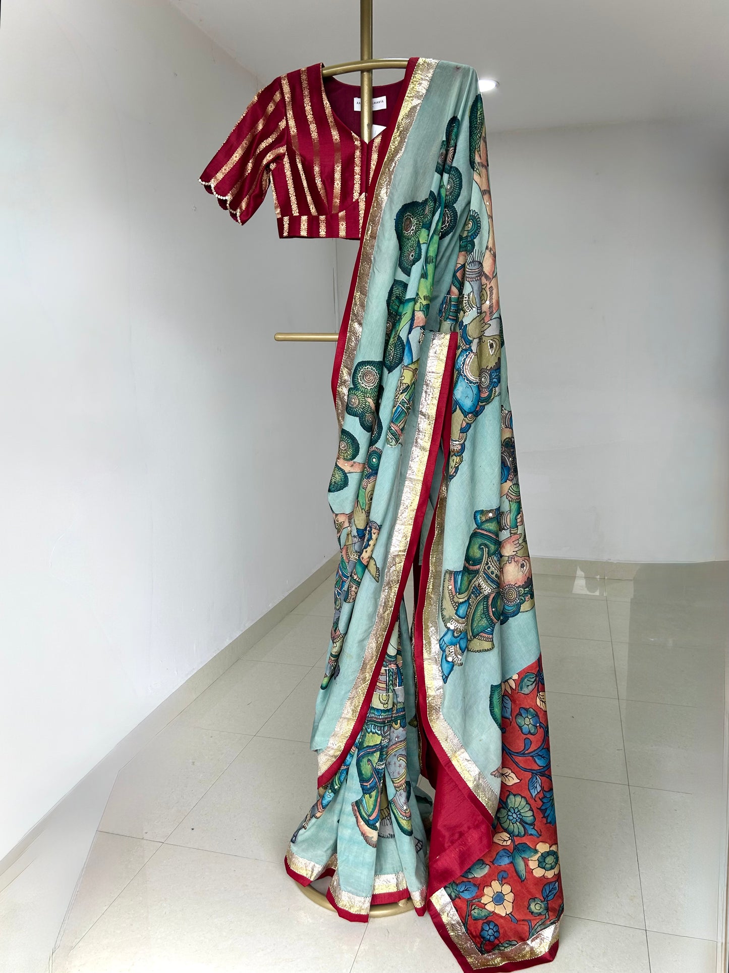 Ice-Blue Natyam Kalamkari Saree Set