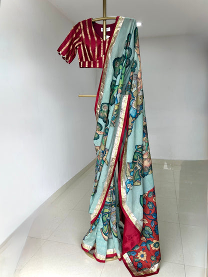 Ice-Blue Natyam Kalamkari Saree Set
