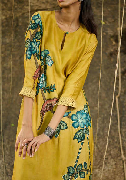 Haldi-Yellow Kalamkari Parrot Kurtha Set