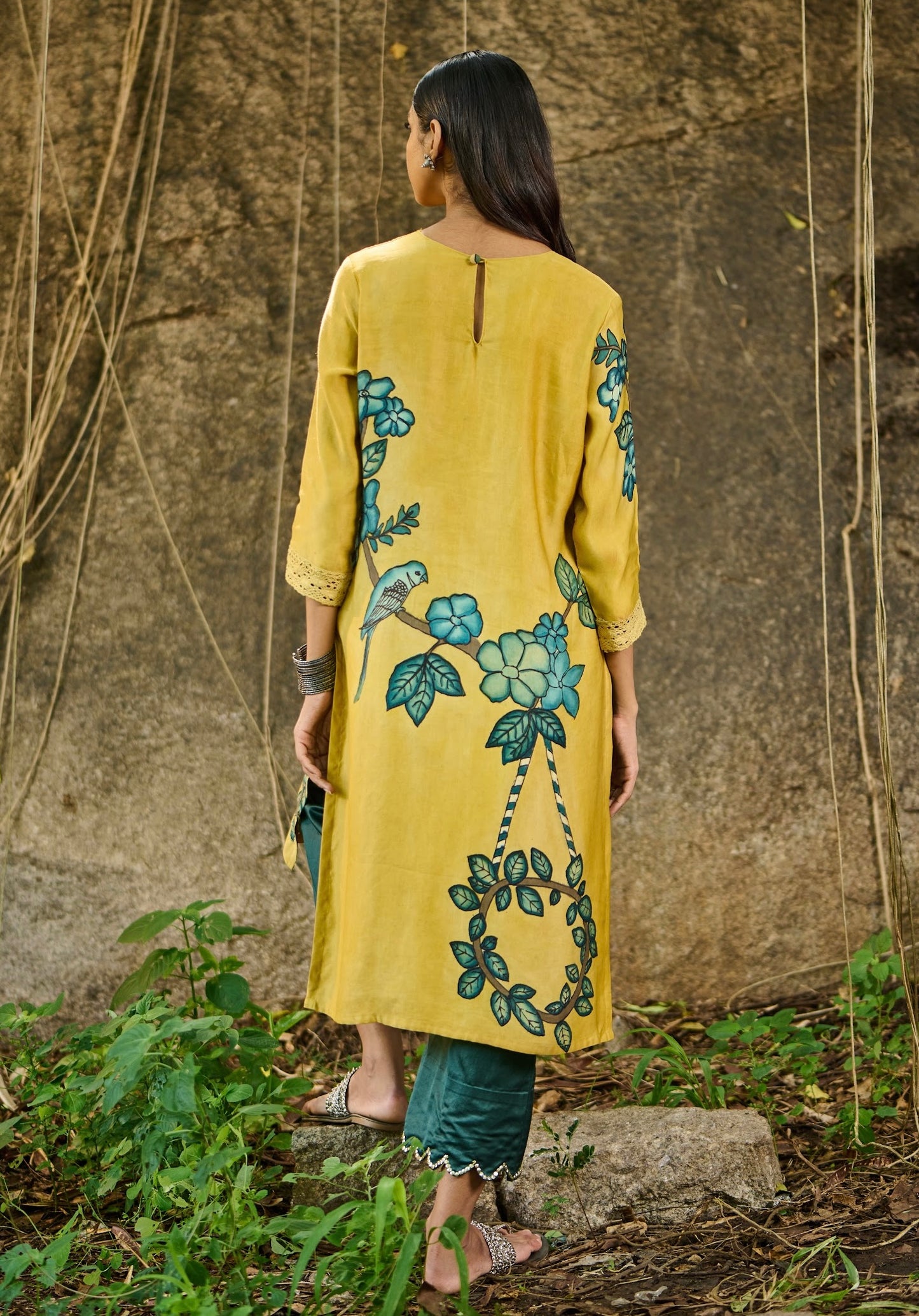 Haldi-Yellow Kalamkari Parrot Kurtha Set