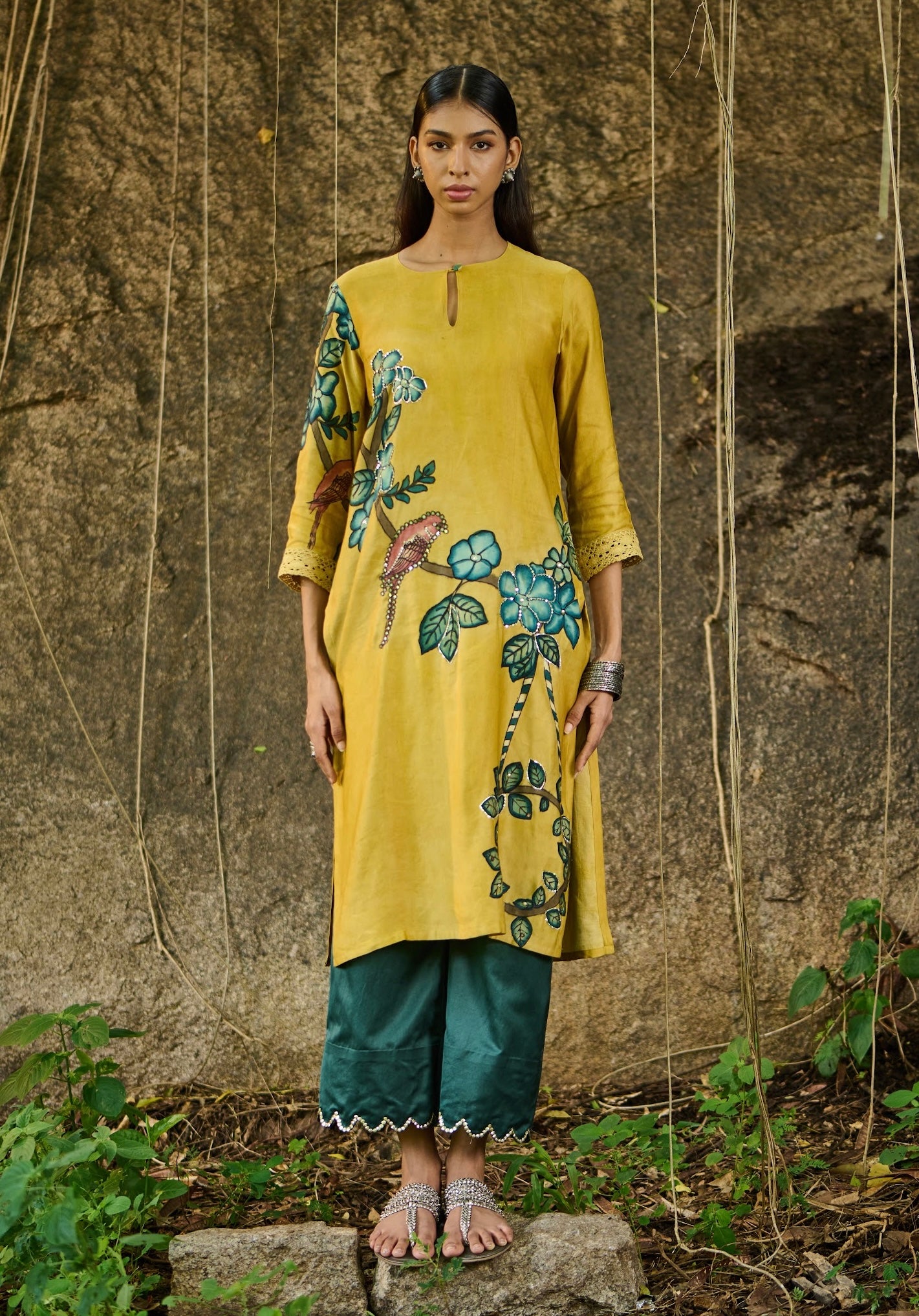 Haldi-Yellow Kalamkari Parrot Kurtha Set