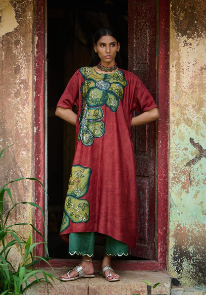 Maroon Kalamkari Floral Oversize Set