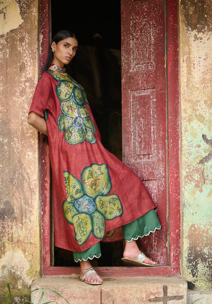 Maroon Kalamkari Floral Oversize Set