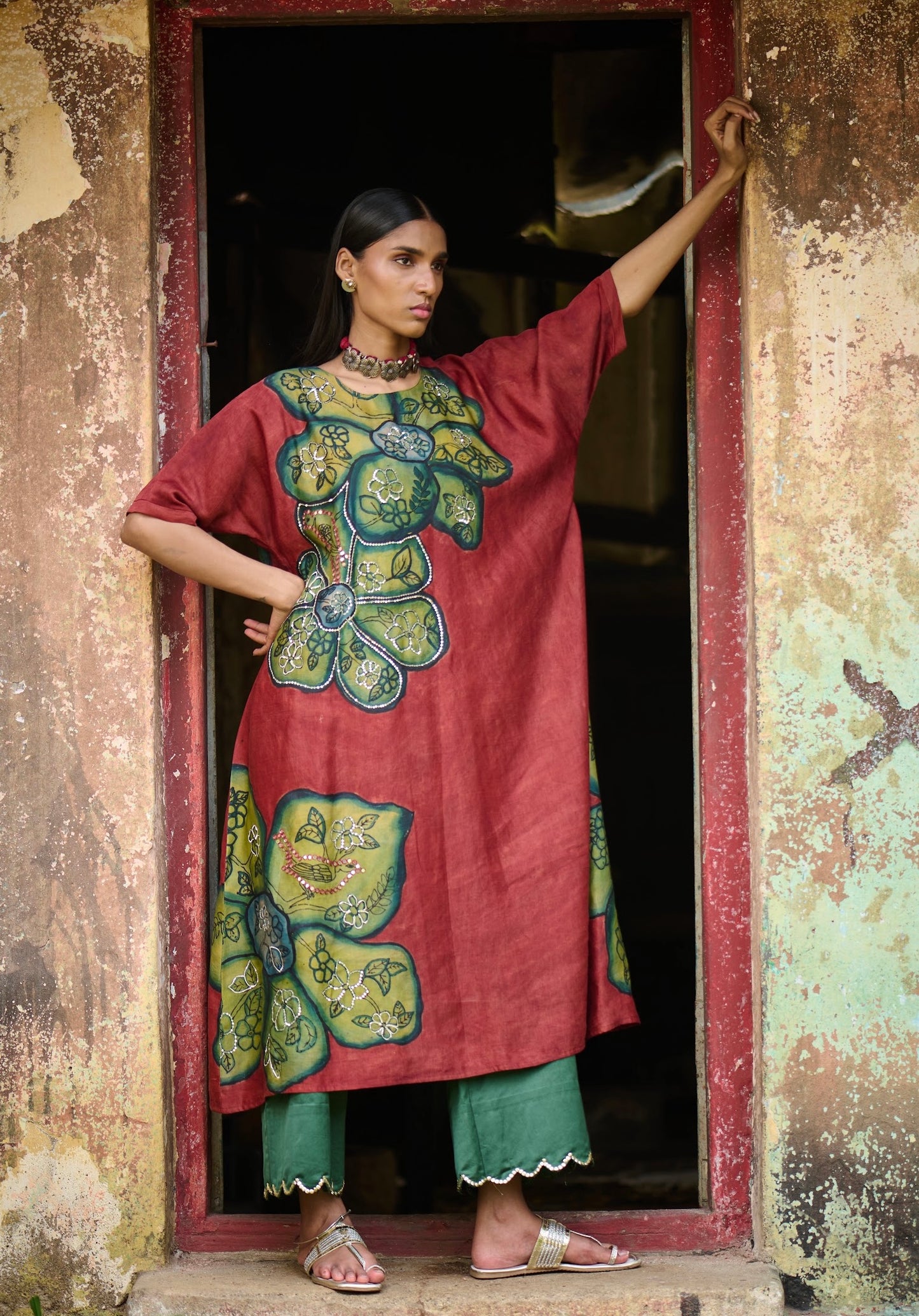 Maroon Kalamkari Floral Oversize Set