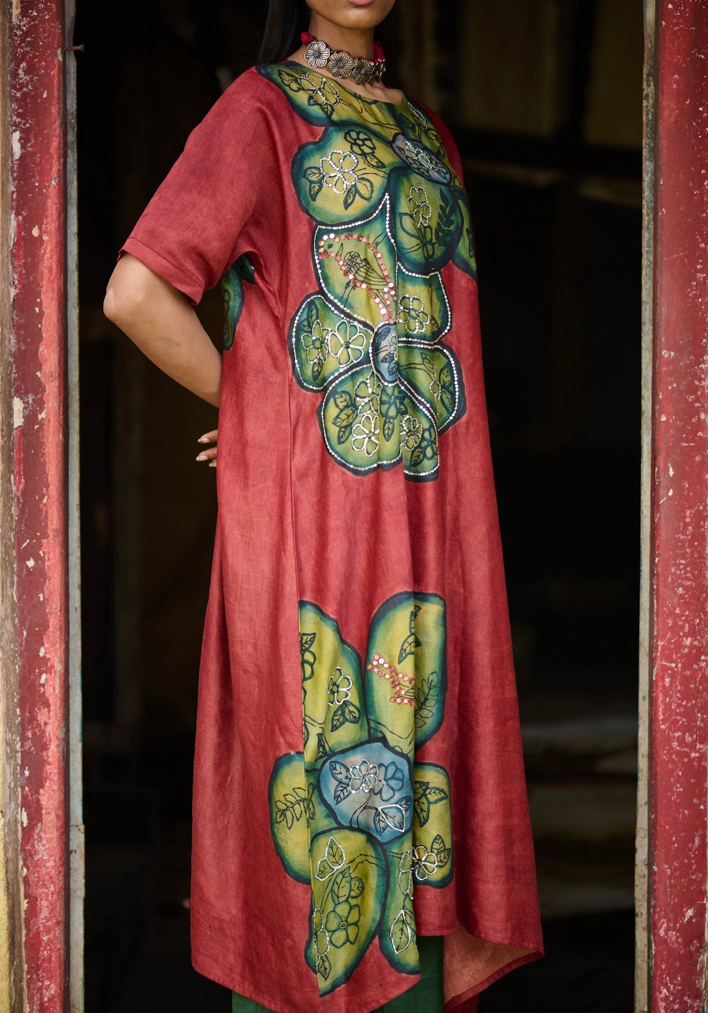 Maroon Kalamkari Floral Oversize Set