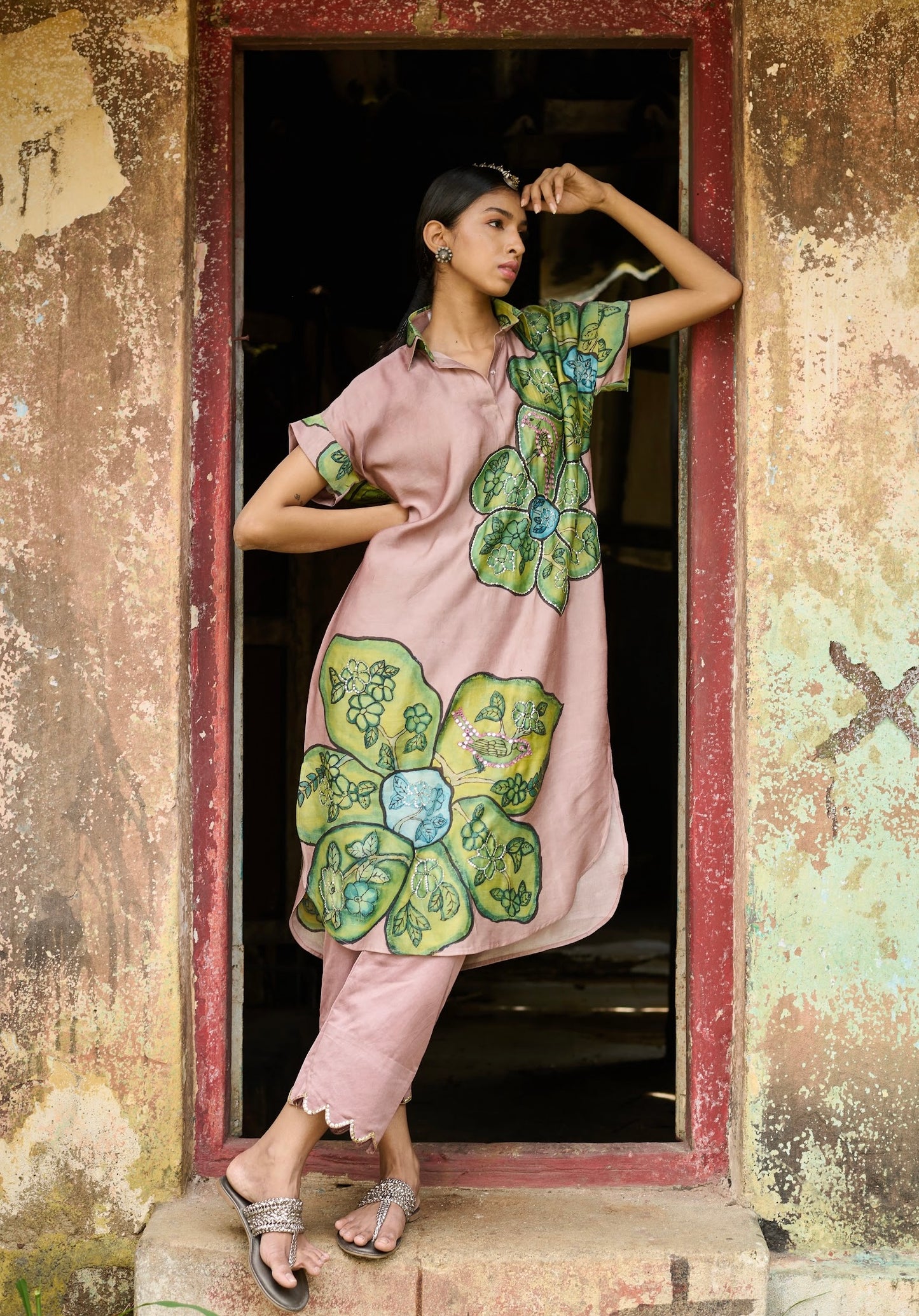 Sandrose-Pink Kalamkari Floral Shirt Dress