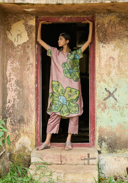 Sandrose-Pink Kalamkari Floral Shirt Dress