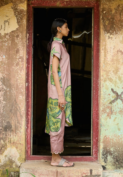 Sandrose-Pink Kalamkari Floral Shirt Dress