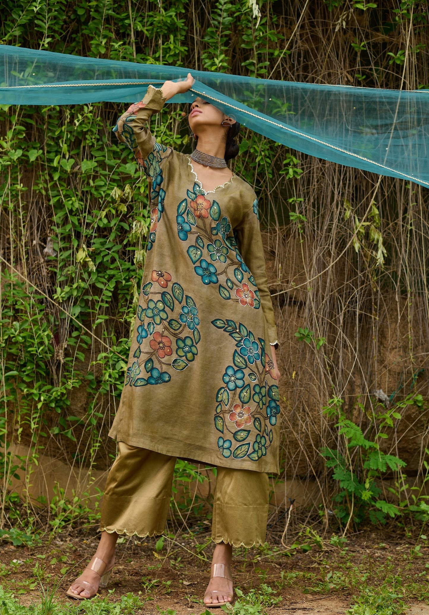 Olive Kalamkari Floral Paisley Kurtha Set