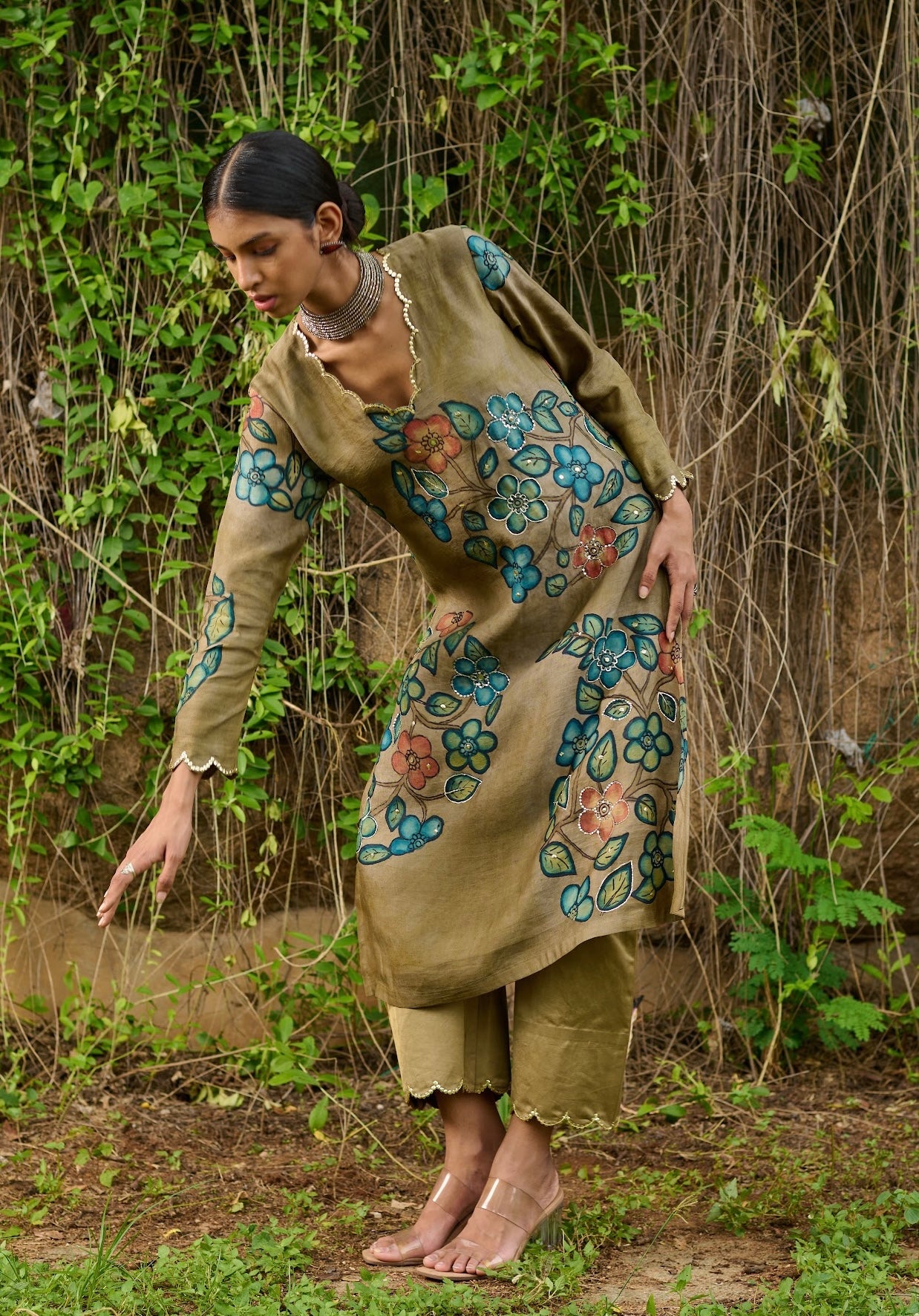 Olive Kalamkari Floral Paisley Kurtha Set