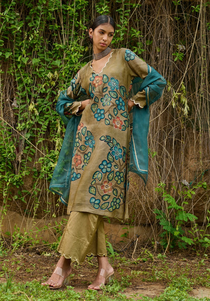 Olive Kalamkari Floral Paisley Kurtha Set