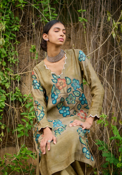 Olive Kalamkari Floral Paisley Kurtha Set