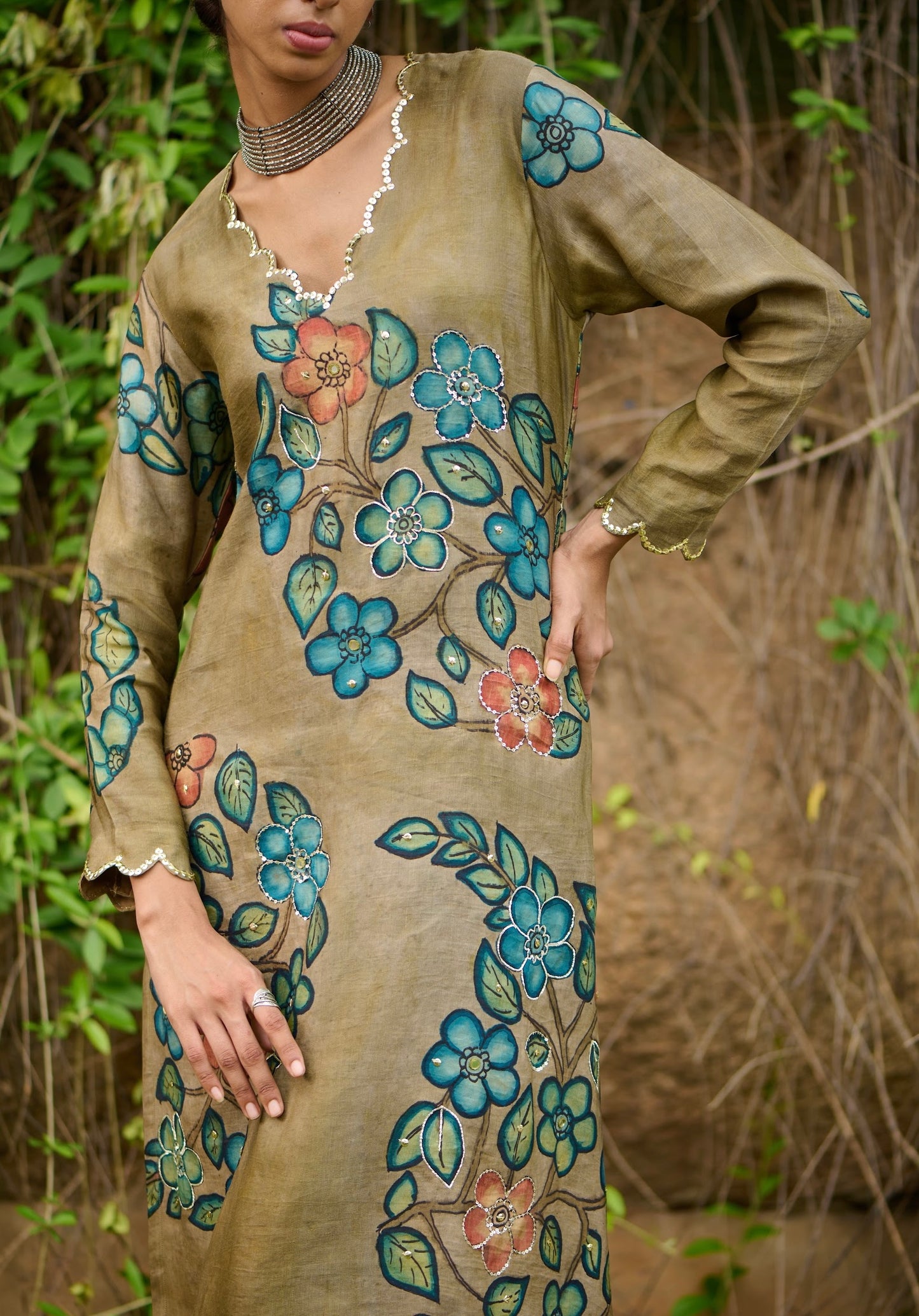 Olive Kalamkari Floral Paisley Kurtha Set