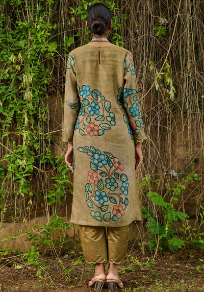 Olive Kalamkari Floral Paisley Kurtha Set