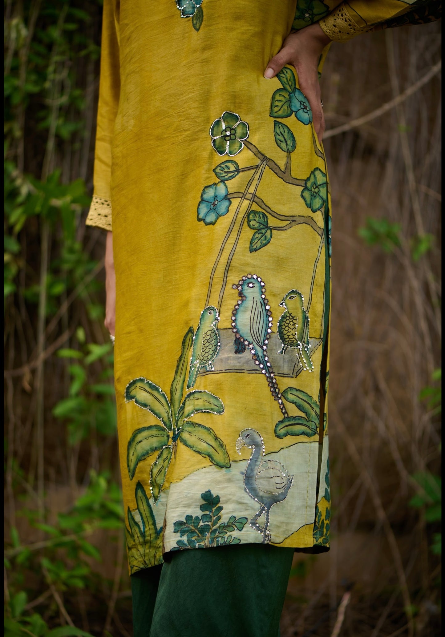 Oakre-Yellow Kalamkari Swinging Birds Kurtha Set