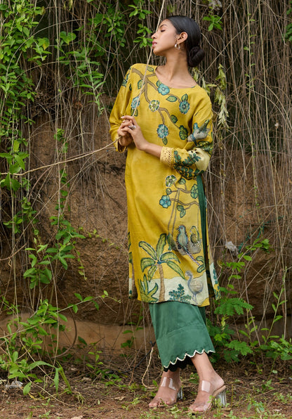 Oakre-Yellow Kalamkari Swinging Birds Kurtha Set