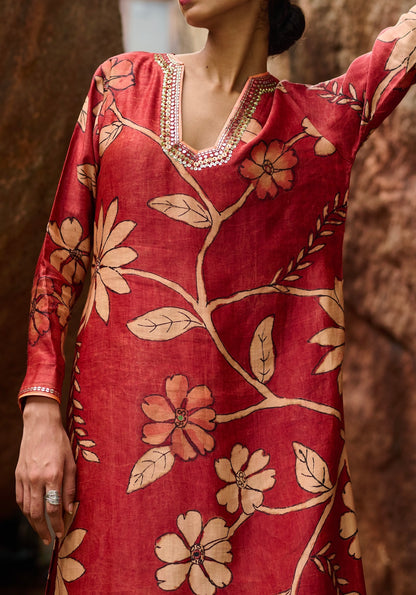 Maroon-Red Kalamkari Floral Kurtha Set