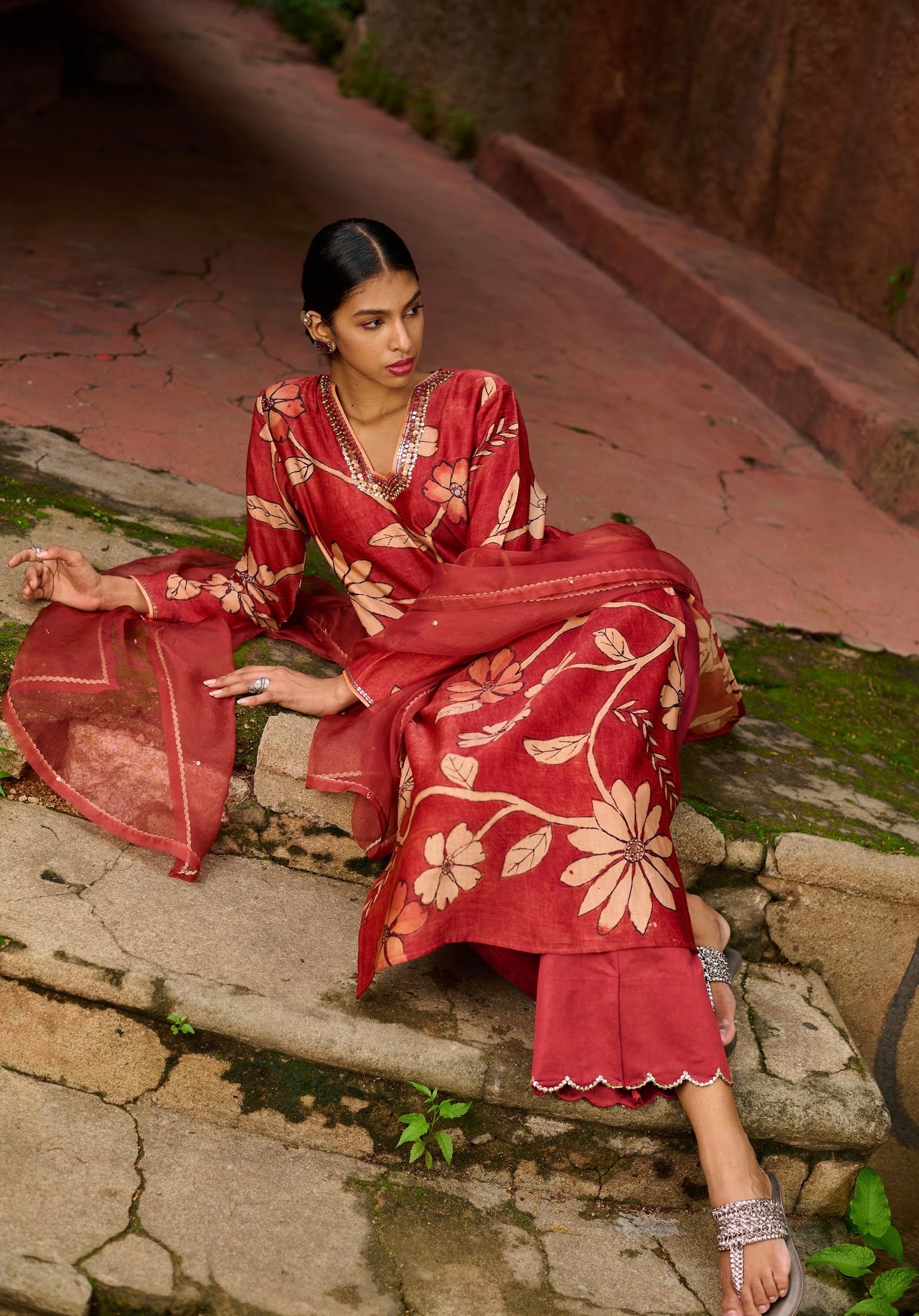 Maroon-Red Kalamkari Floral Kurtha Set