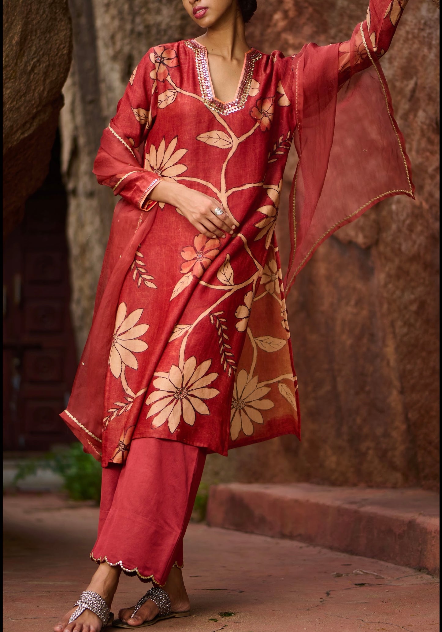 Maroon-Red Kalamkari Floral Kurtha Set