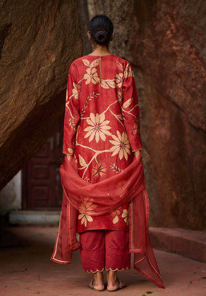 Maroon-Red Kalamkari Floral Kurtha Set