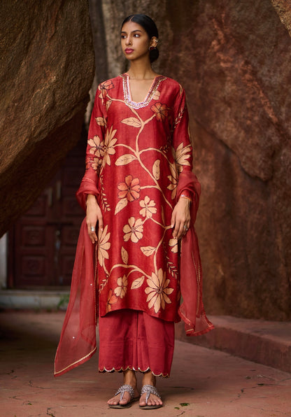 Maroon-Red Kalamkari Floral Kurtha Set