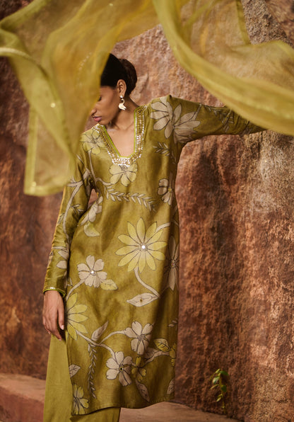 Olive-Brown Kalamkari Floral Kurtha Set