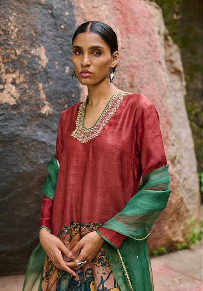 Maroon-Red Kalamkari Sena Kurtha Set