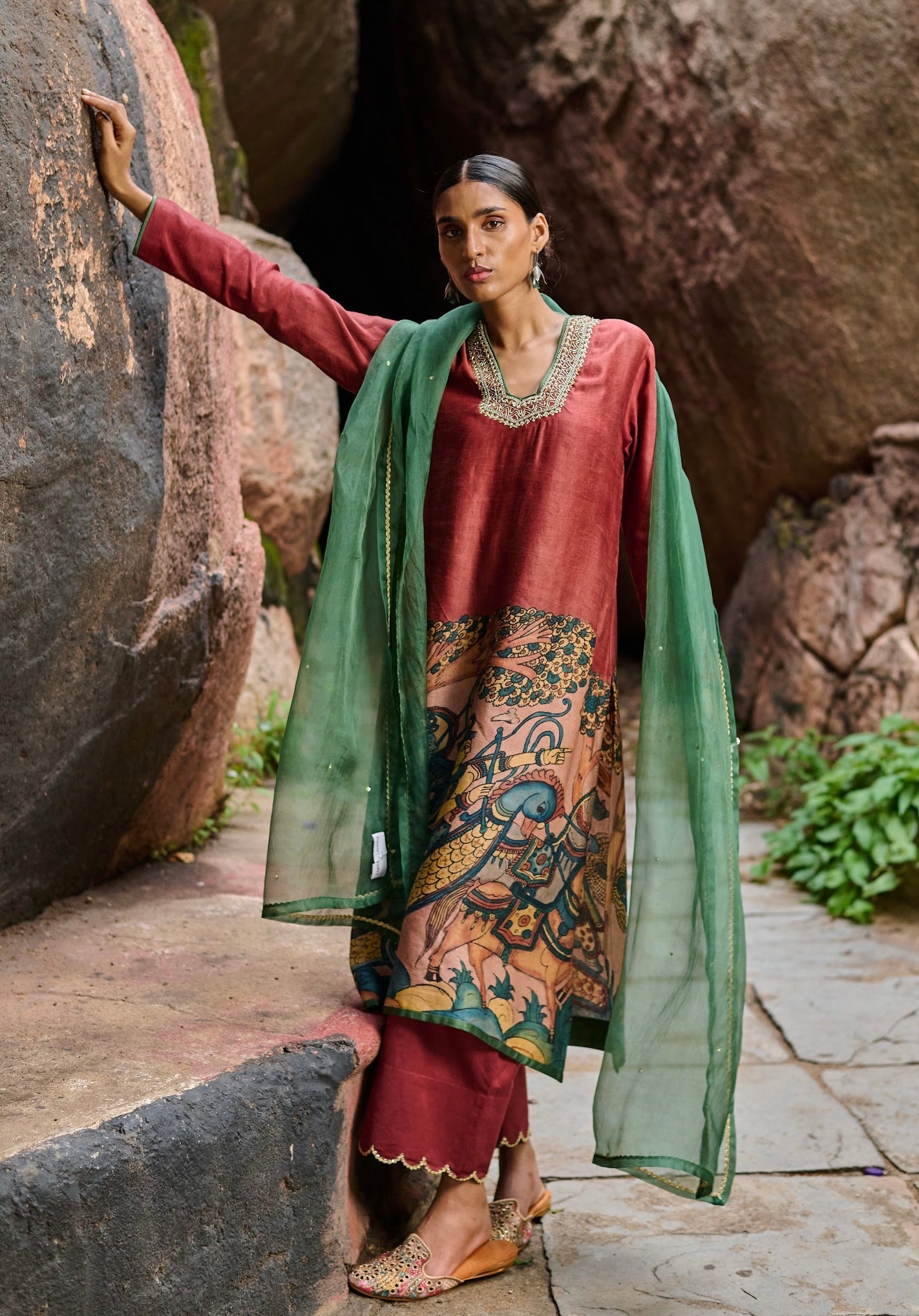 Maroon-Red Kalamkari Sena Kurtha Set