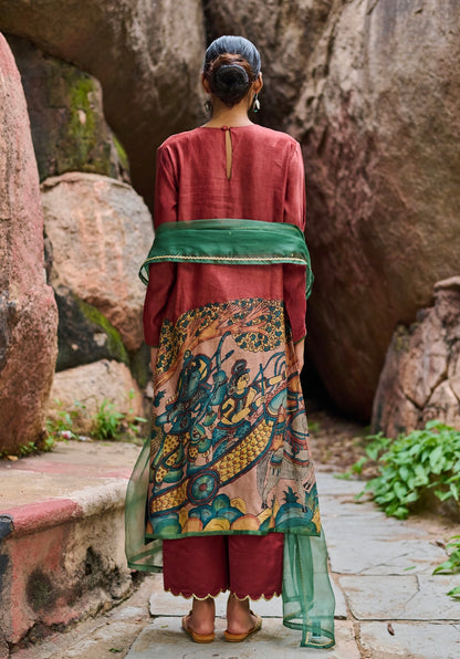 Maroon-Red Kalamkari Sena Kurtha Set