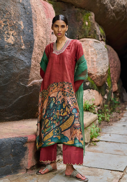 Maroon-Red Kalamkari Sena Kurtha Set