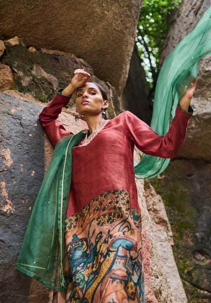 Maroon-Red Kalamkari Sena Kurtha Set