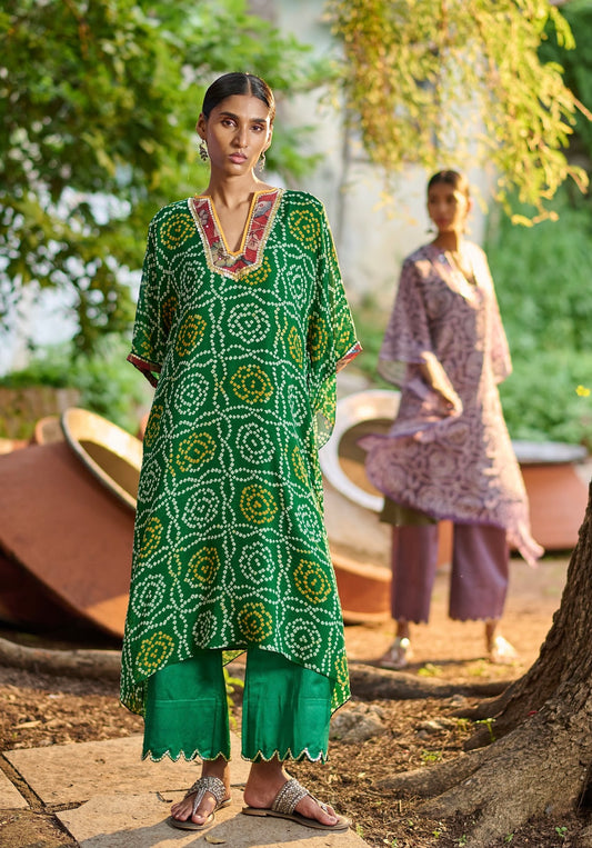 Bottle-Green Bandhani Kaftan Set