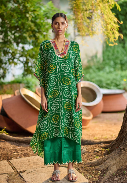 Bottle-Green Bandhani Kaftan Set