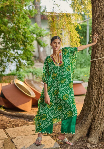 Bottle-Green Bandhani Kaftan Set