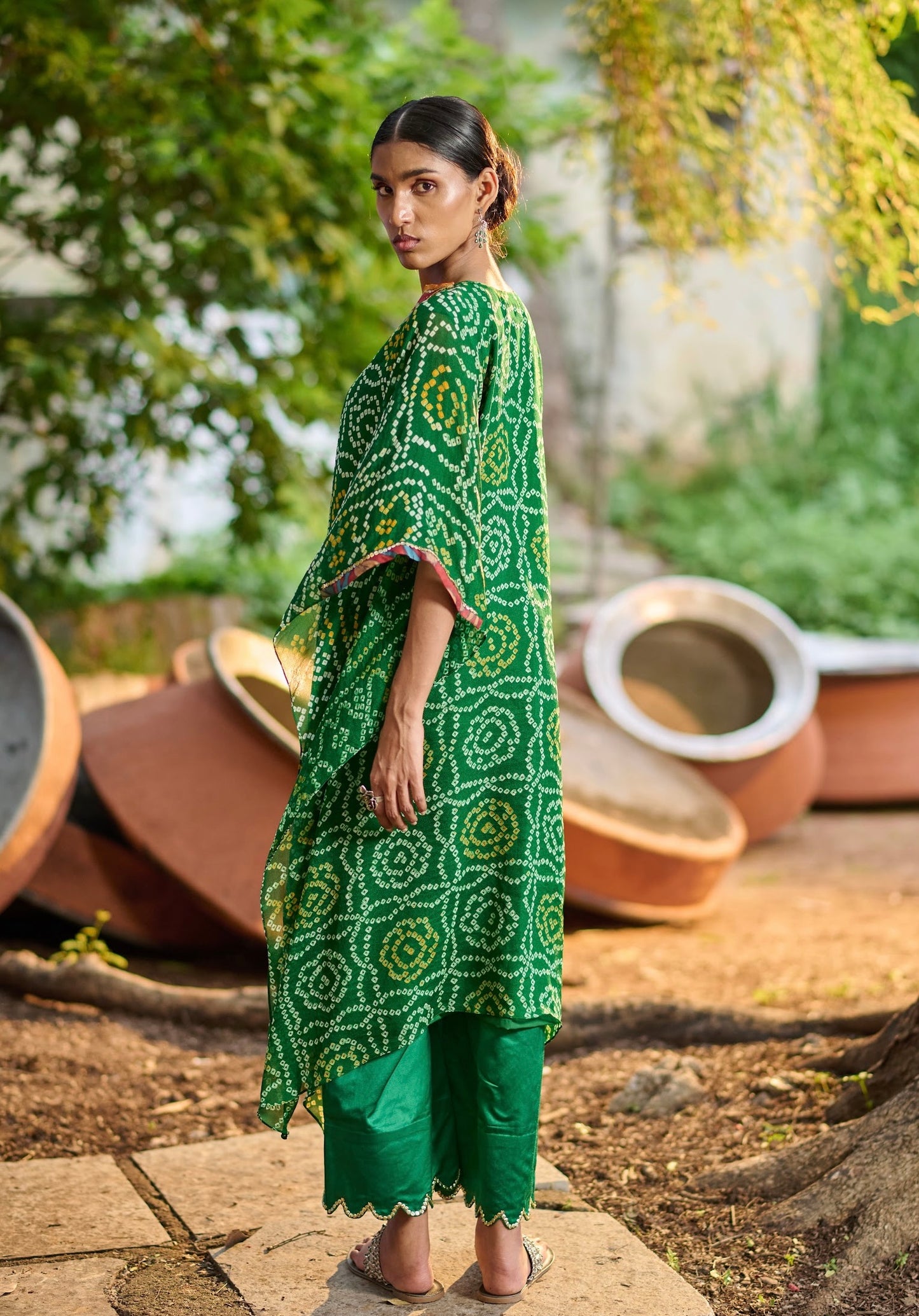 Bottle-Green Bandhani Kaftan Set