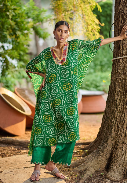 Bottle-Green Bandhani Kaftan Set