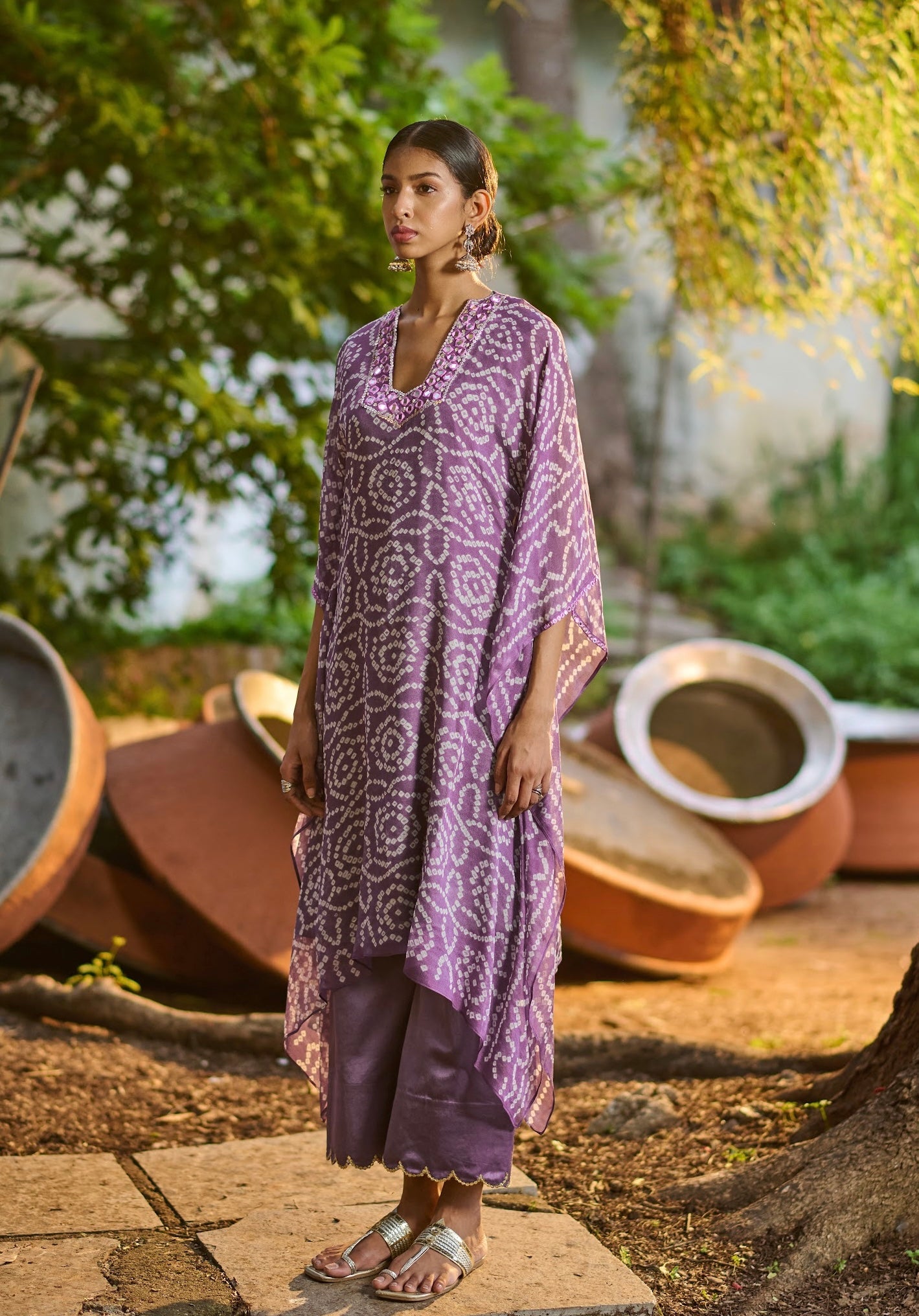 Lilac Bandhani Kaftan Set