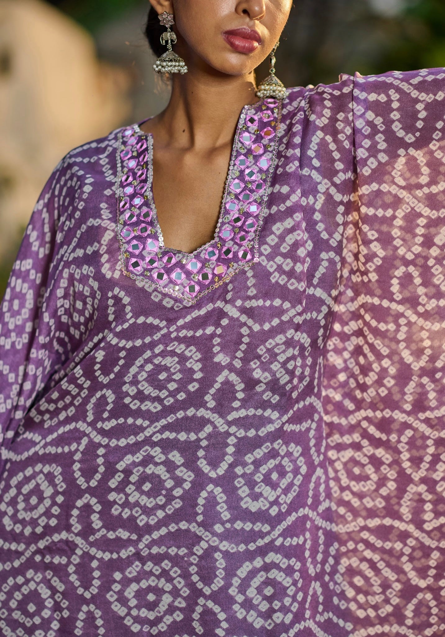 Lilac Bandhani Kaftan Set