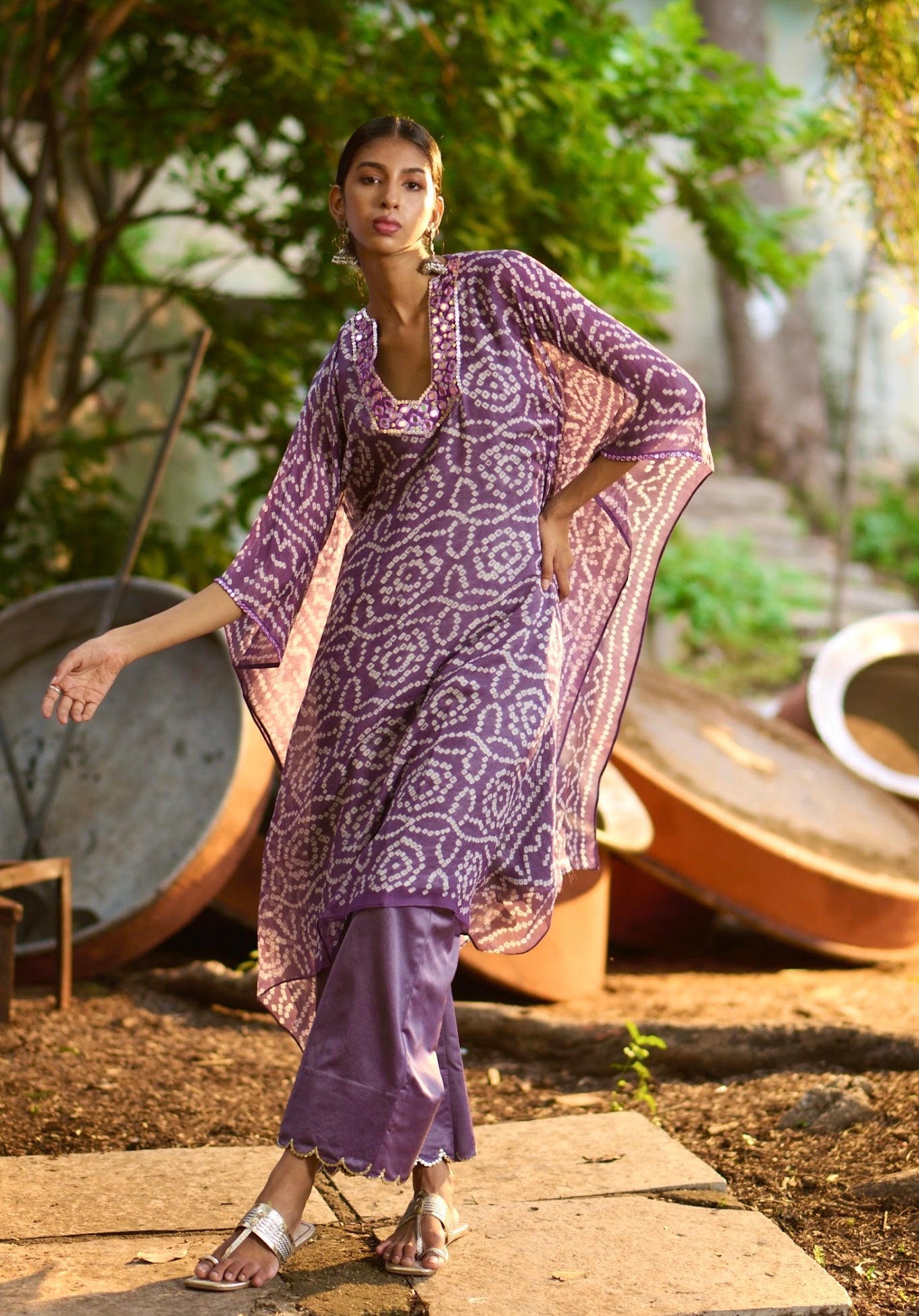 Lilac Bandhani Kaftan Set