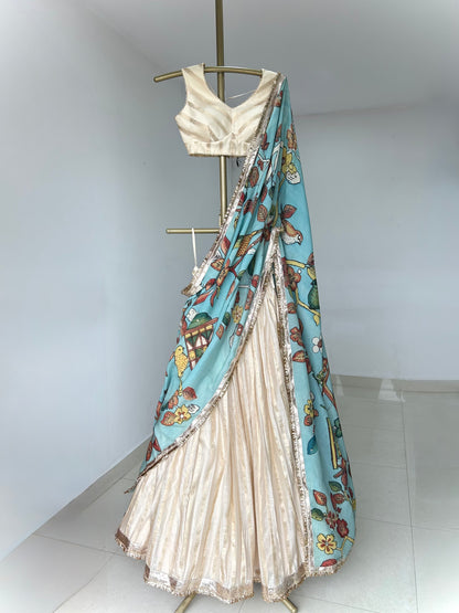 Ivory Lehenga Set With Birds Outside Cages Kalamkari Dupatta