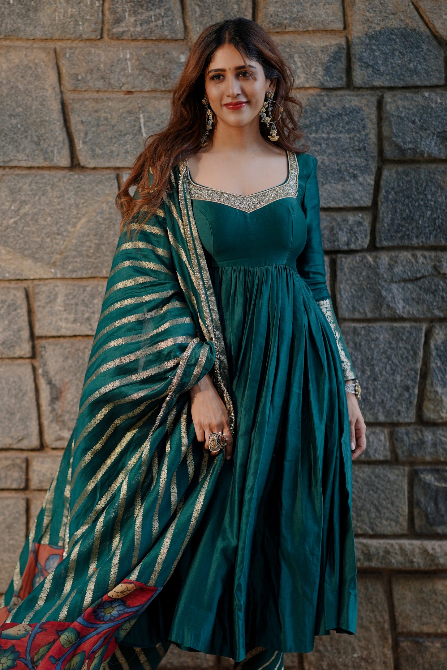Ramagreen Hand Embroidered Anarkali Set With Kalamkari Detailing